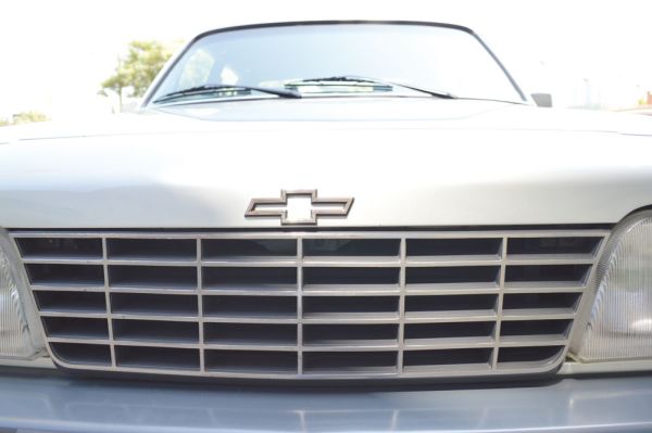 Grade quadriculada com o logo da gravatinha fixado acima, uma característica dos Chevrolet dos anos 80